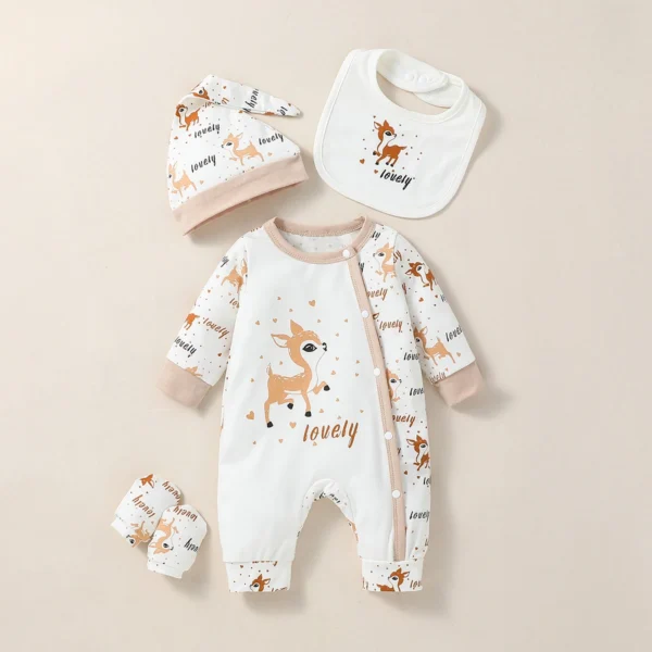 4PCS Baby unisex Long Sleeve Round Neck Animal Print With Button Casual Jumpsuit +Bib+Hat+Gloves