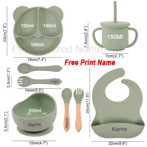 kf-S1d4360d760ba47e6af0214406816b70bt 8Pcs/5Pcs Silicone Tableware For Kids Baby Feeding Set Cartoon Plate Personalized Name Sucker Cup Plate Bowl Bib Newborn Gift