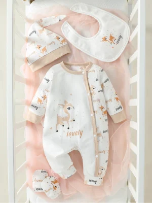 4Pcs Baby Girls Long Sleeve All Seasons Cartoon Deer Open Stitch pastorale Jumpsuit+Bib+Gloves+Hat