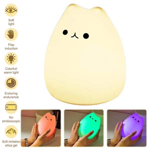 Cat Night Light for Kids Cute Night Lamp for Nursery Squishy Silicone Cat Touch Lights Portable Gift for Kids Baby Children