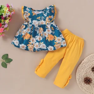 1-6T Kids Baby Girl Clothing Set Sleeveless Flower T-shirt + Solid Colored Leggings Pants 2PCS Children Girl Banquet Costume