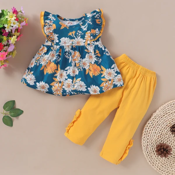 1-6T Kids Baby Girl Clothing Set Sleeveless Flower T-shirt + Solid Colored Leggings Pants 2PCS Children Girl Banquet Costume