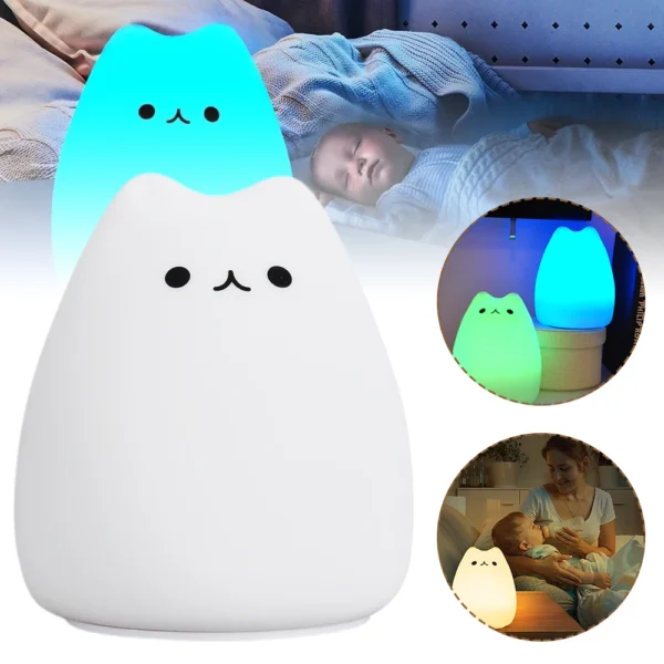 Cat Night Light for Kids Cute Night Lamp for Nursery Squishy Silicone Cat Touch Lights Portable Gift for Kids Baby Children