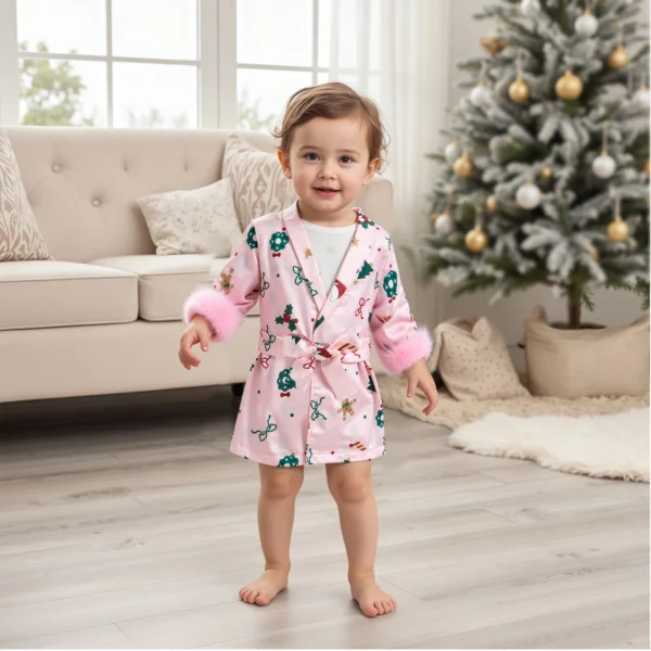 1-6Years Kids Baby Girl Christmas Sleep Robes Cute Printed Feather Cuffs Long Sleeve Open Front Robes with Belt Loungewear