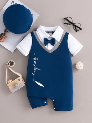 2-Piece Summer New Gentleman's Wear Newborn Cute Casual Outdoor Comfort Lapel Short Sleeve Shorts Patchwork Jumpsuit + Hat Suit