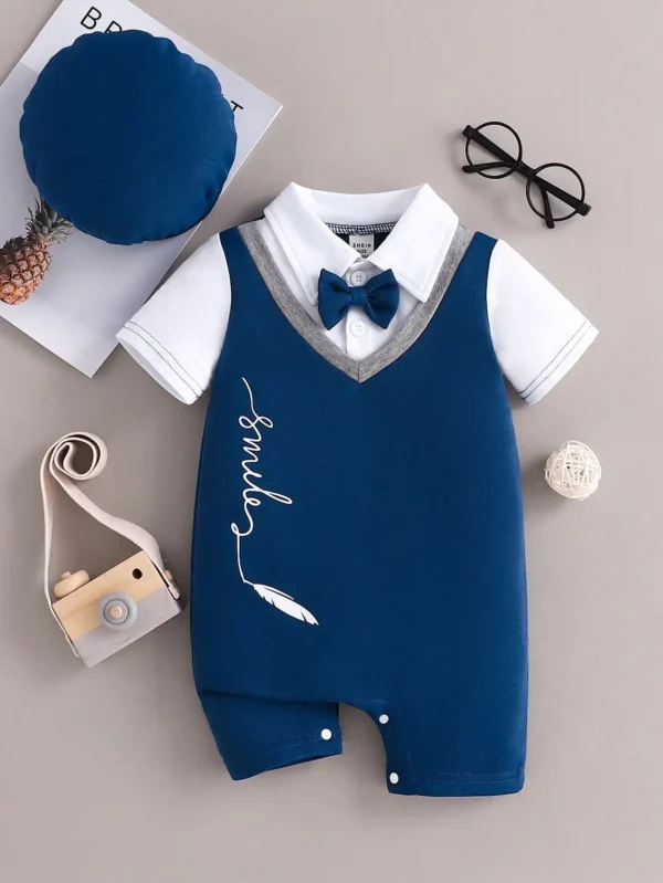 2-Piece Summer New Gentleman's Wear Newborn Cute Casual Outdoor Comfort Lapel Short Sleeve Shorts Patchwork Jumpsuit + Hat Suit